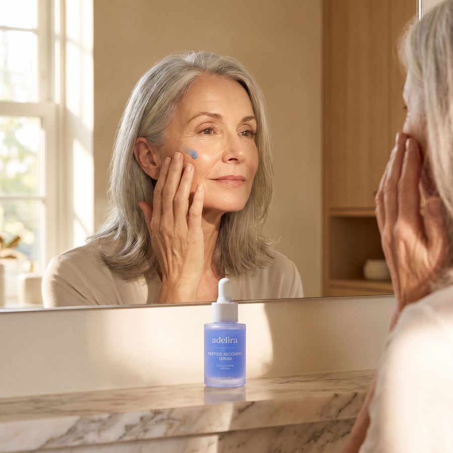 Vrouw van 60+ brengt het Adelira Peptide Recovery Serum aan voor de spiegel