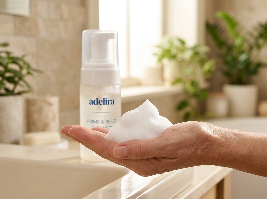 Stap 1 - mousse op de hand met Prime & Reset fles