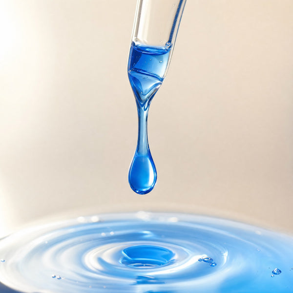 Blauwe koperpeptide-druppel uit een glazen pipet